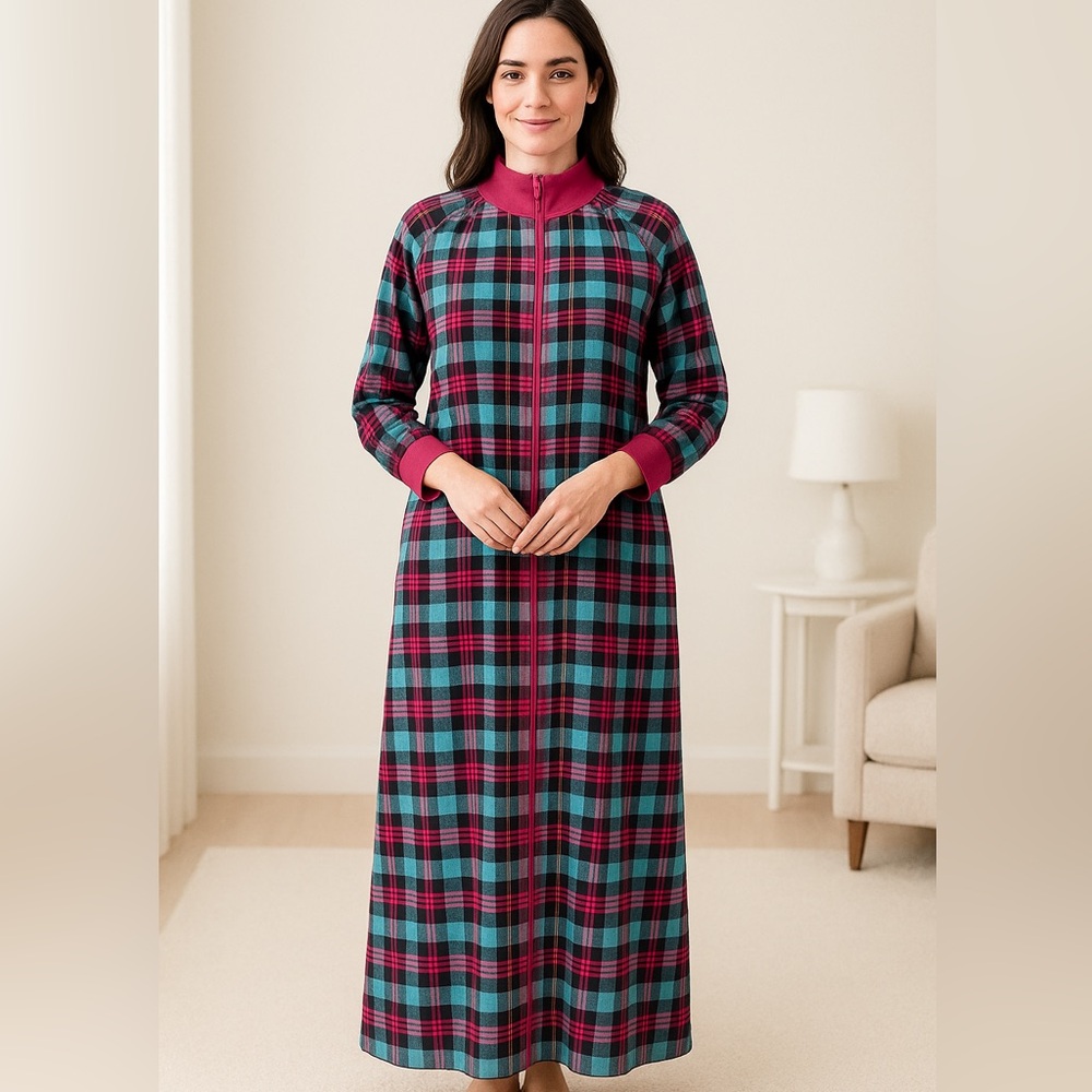 Easy Essentials Plaid Zip Front Cotton Lounger Robe M
